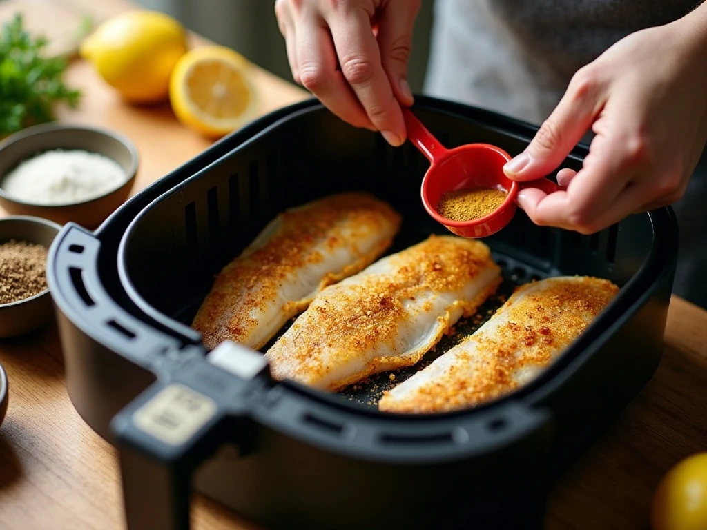 Placing seasoned tilapia in an air fryer basket