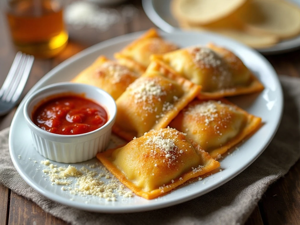 Crispy air fryer toasted ravioli served with warm marinara sauce