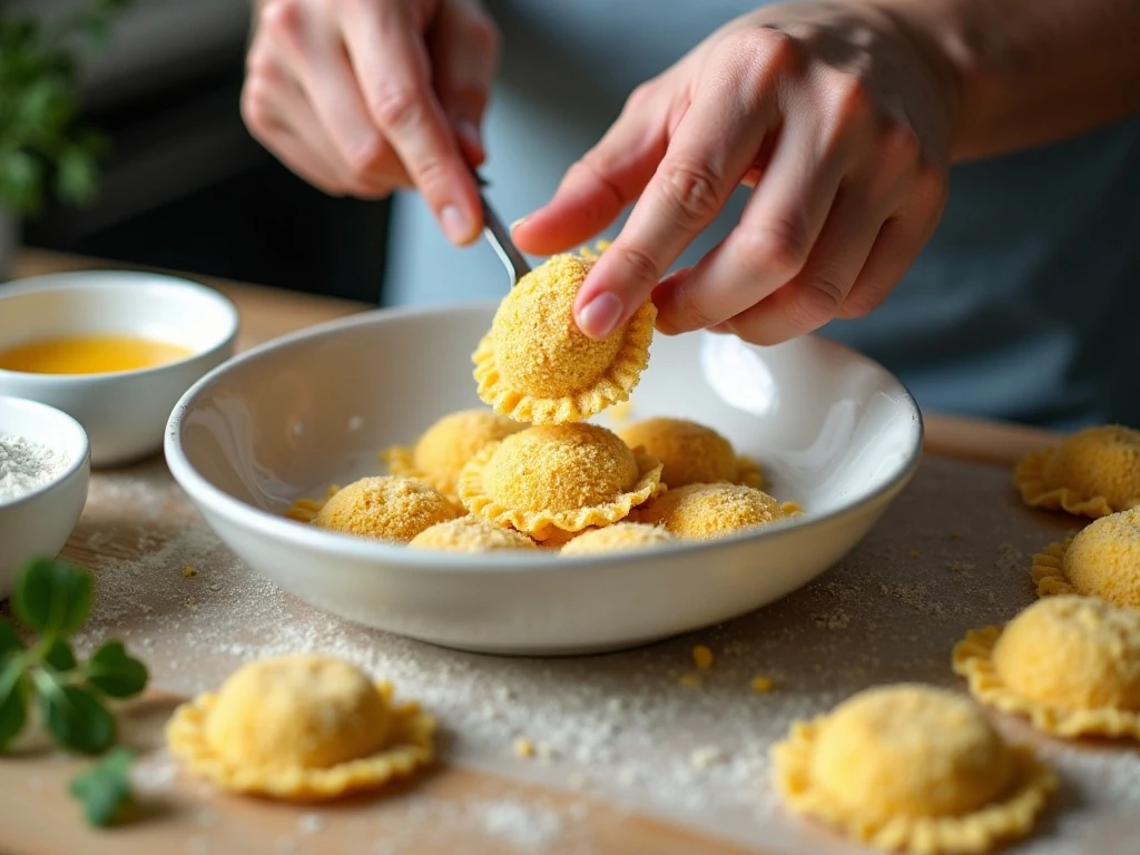 Coating cheese ravioli in seasoned breadcrumbs before air frying