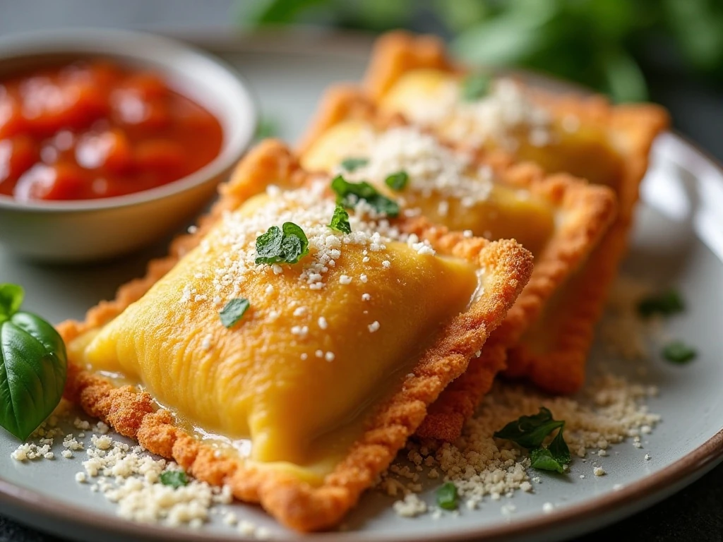 Close-up of the crisp breadcrumb coating on toasted ravioli