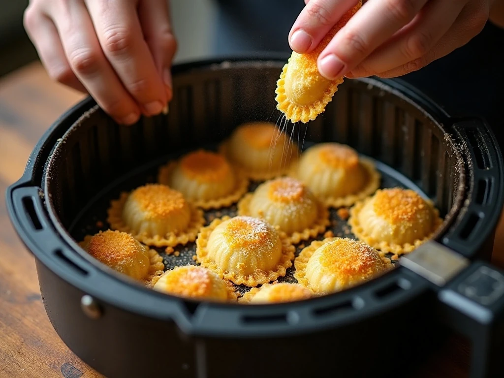 Breaded ravioli arranged in an air fryer basket