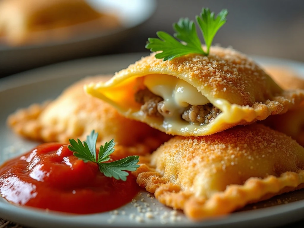 Crispy ravioli showing warm cheese filling