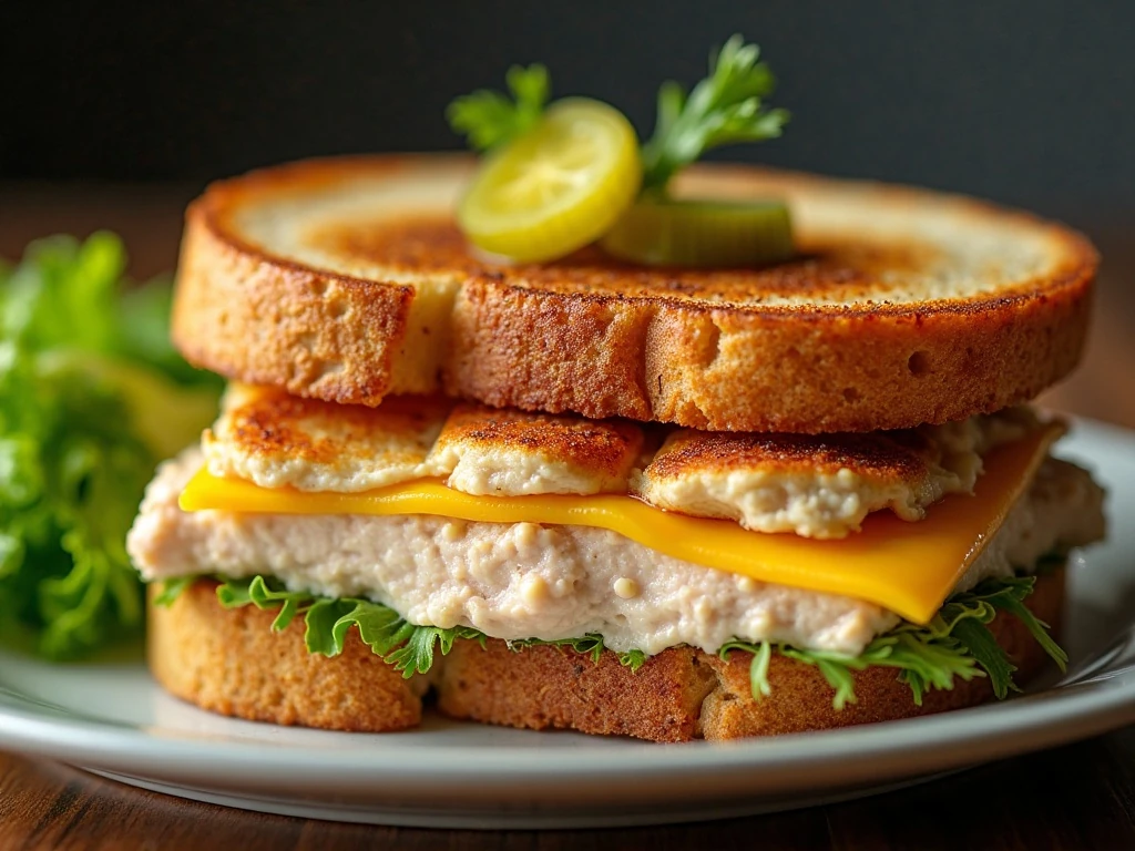 Sliced air fryer tuna melt served with fresh garnish