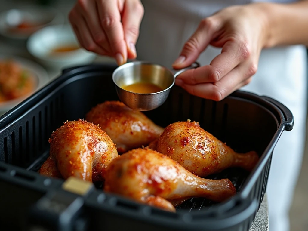 Seasoned turkey legs arranged in an air fryer basket
