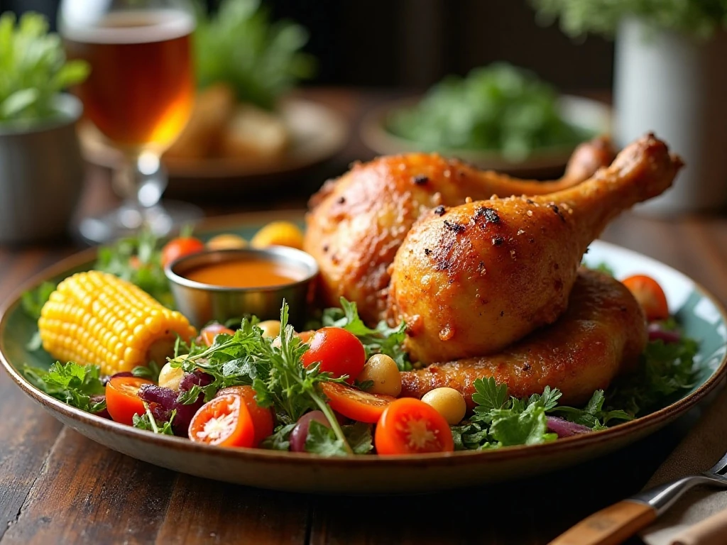 Air fryer turkey leg dinner with vegetables and corn