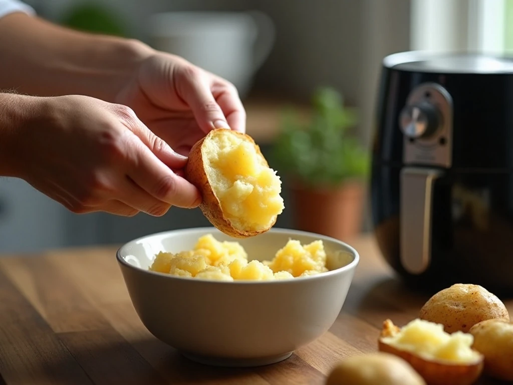 Scooping cooked potato flesh while preparing twice-baked potato shells