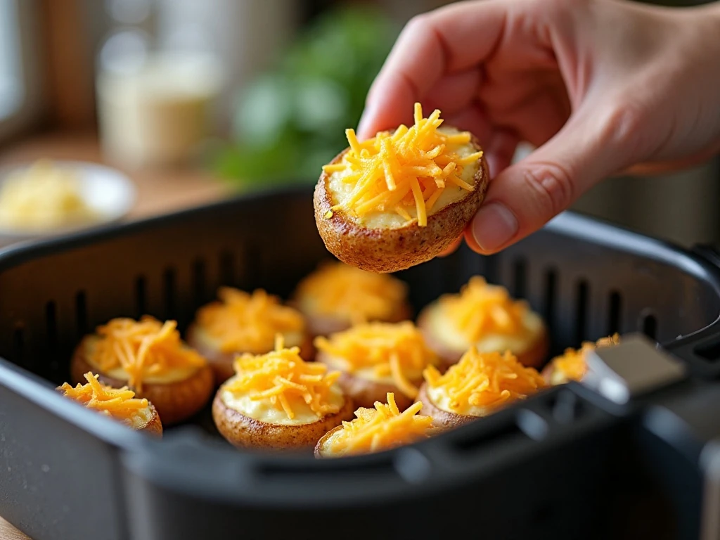 Filled twice-baked potatoes ready for their second air-fryer cook