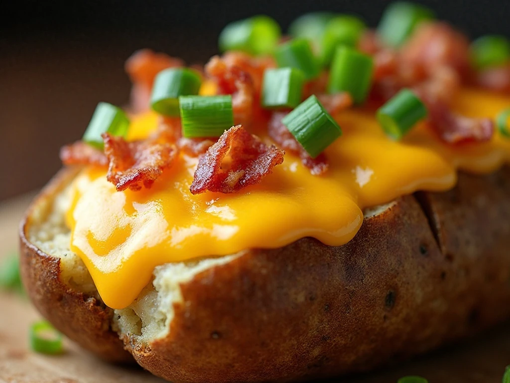 Cheddar bacon twice-baked potato finished with green onions