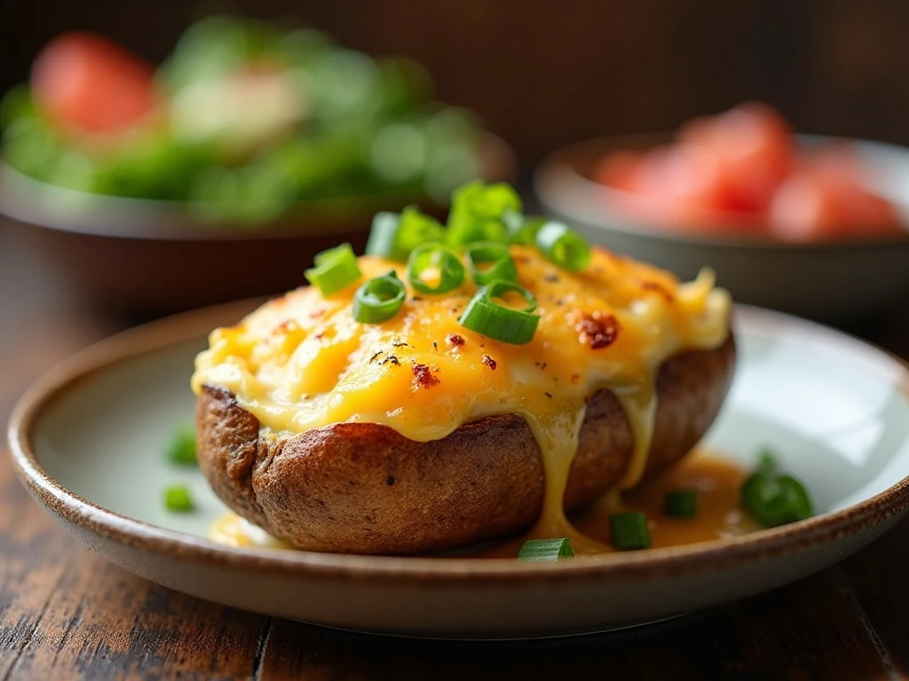 Reheated air fryer twice-baked potato served with a fresh salad
