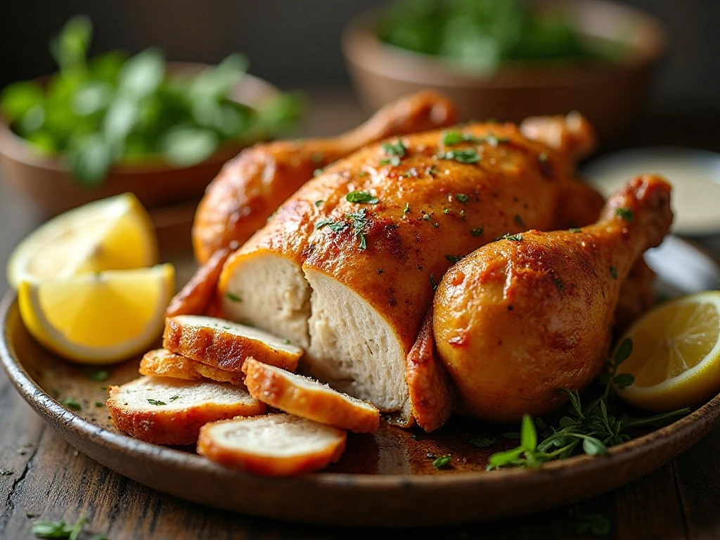 Crispy golden air fryer whole chicken served with lemon and herbs