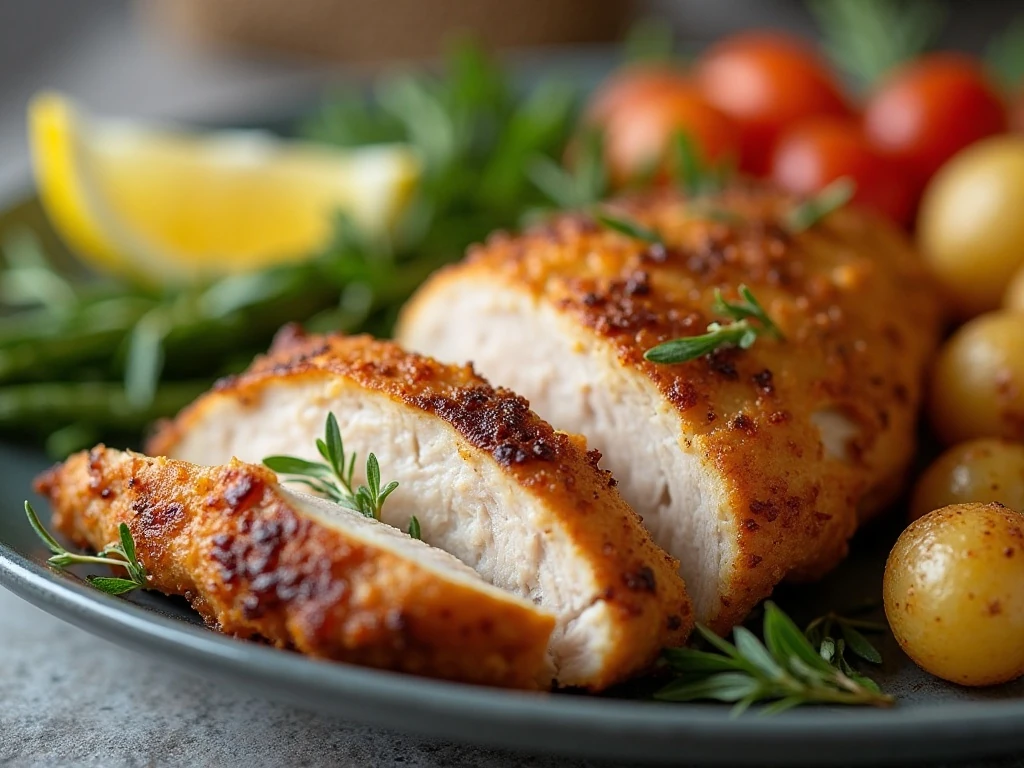Sliced air fryer chicken with lemon, herbs, and side dishes