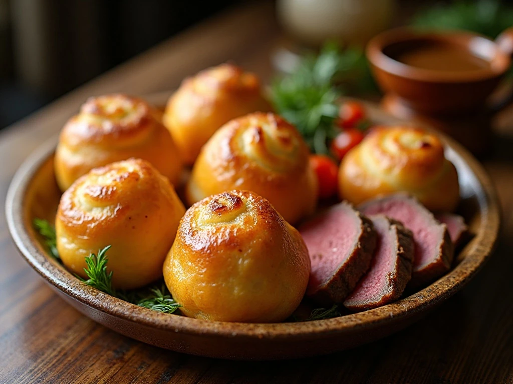 Crispy air fryer Yorkshire puddings served with roast beef and gravy