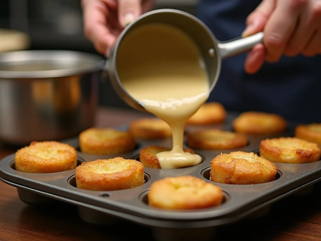 Pouring Yorkshire pudding batter into hot greased muffin cups