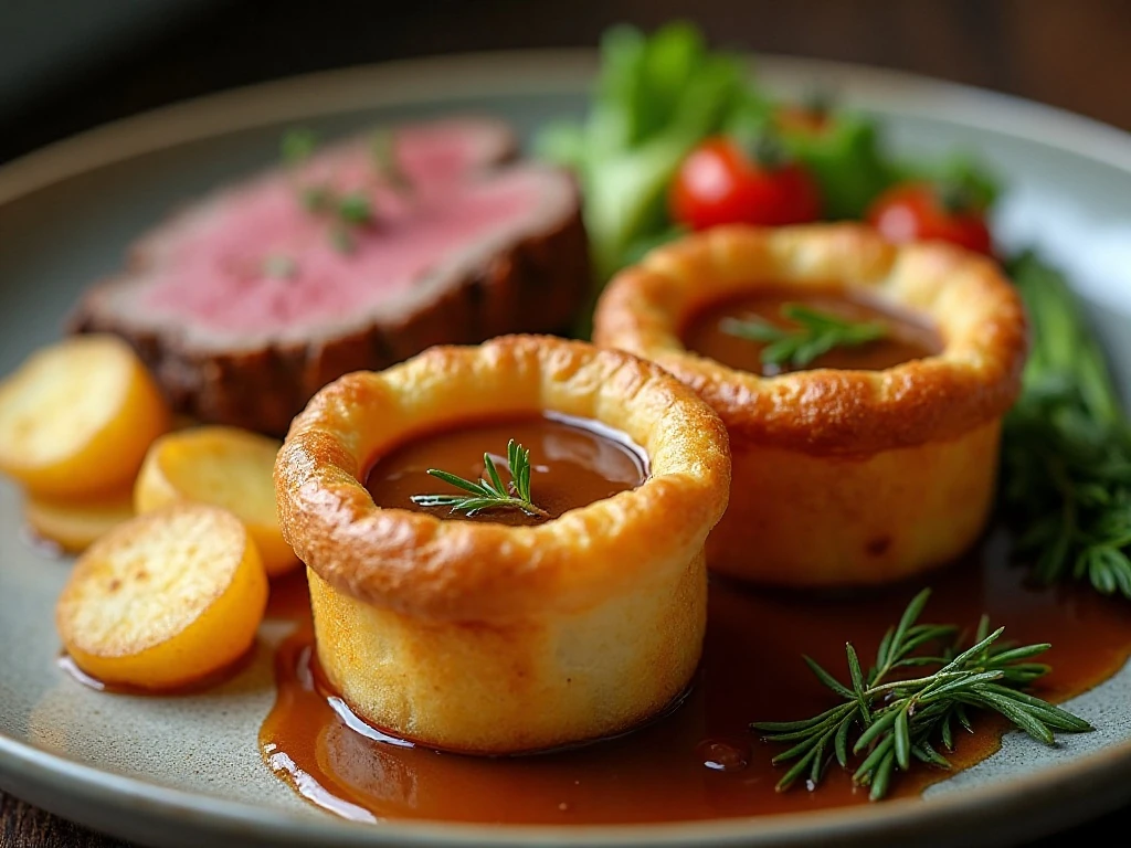 Air fryer Yorkshire pudding dinner with gravy and roast beef