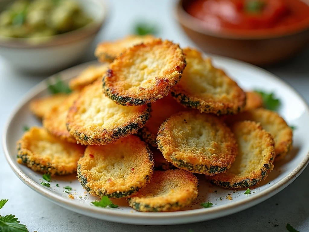 Crispy air fryer zucchini chips served with dipping sauce