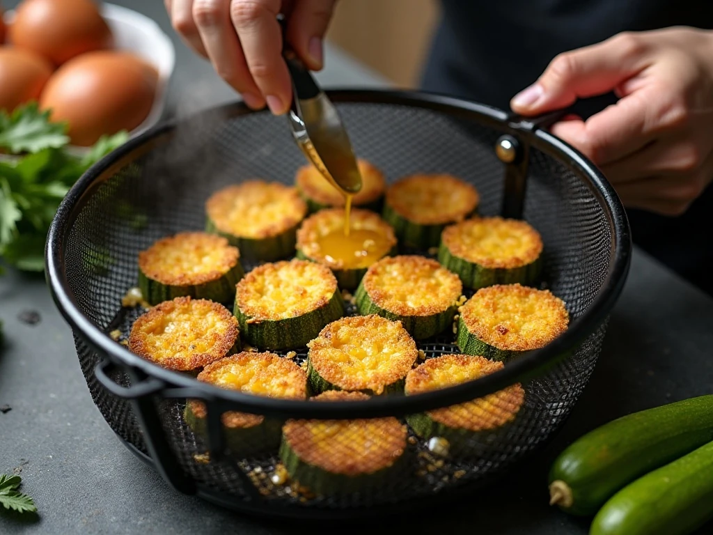 Zucchini chips arranged in a single layer in an air fryer
