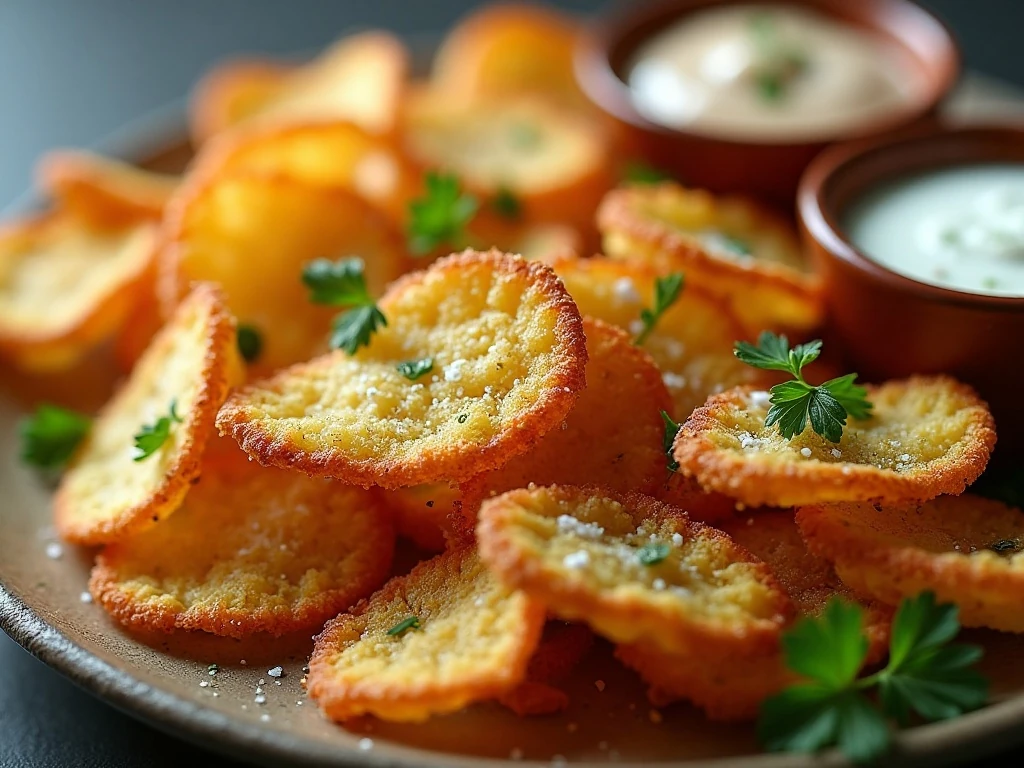 Close-up of crispy zucchini chips with Parmesan and dipping sauces
