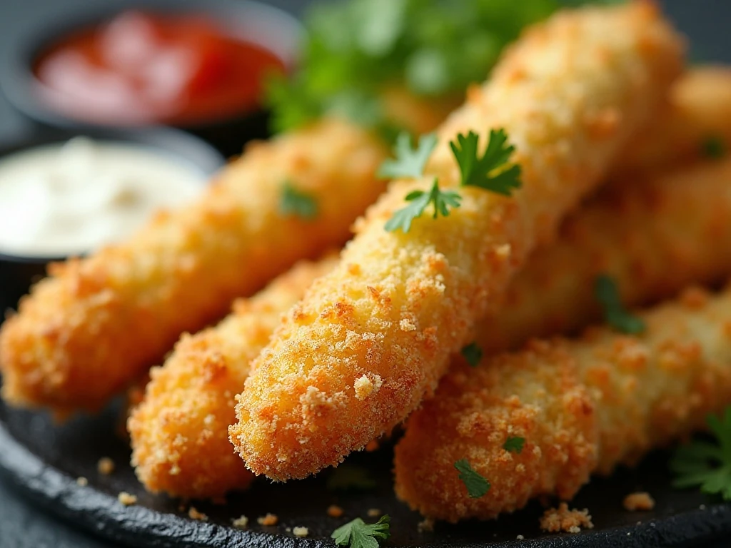 Close-up of crispy air fryer zucchini with dipping sauces