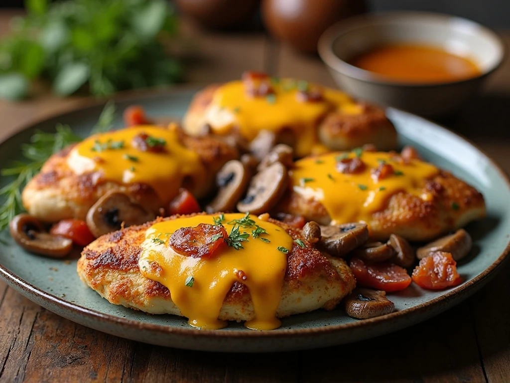 Alice Springs chicken served with bacon, mushrooms, melted cheese, and honey mustard