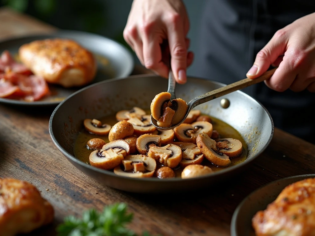 Mushrooms browning in bacon fat for Alice Springs Chicken
