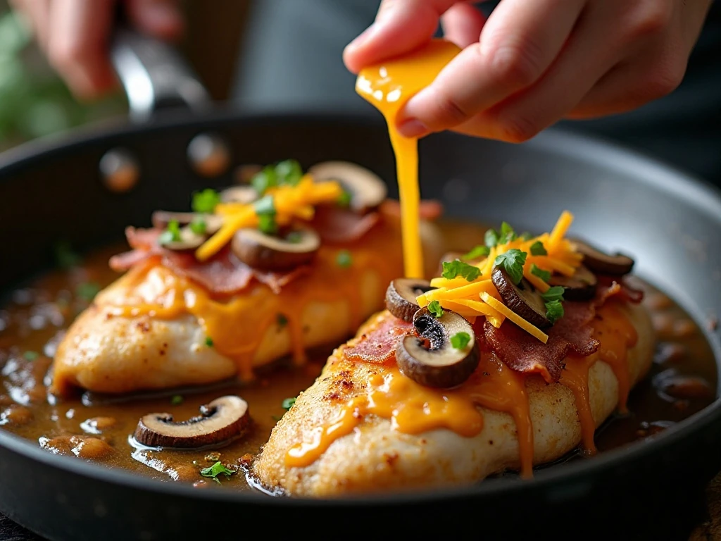 Alice Springs chicken layered with mushrooms bacon and cheese before baking