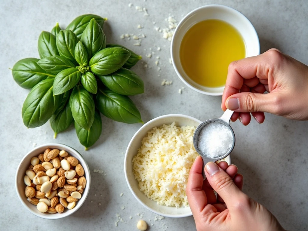 Ingredients for classic basil pesto arranged on a kitchen counter