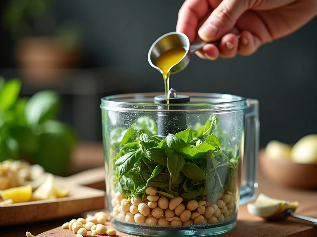 Making basil pesto in a food processor