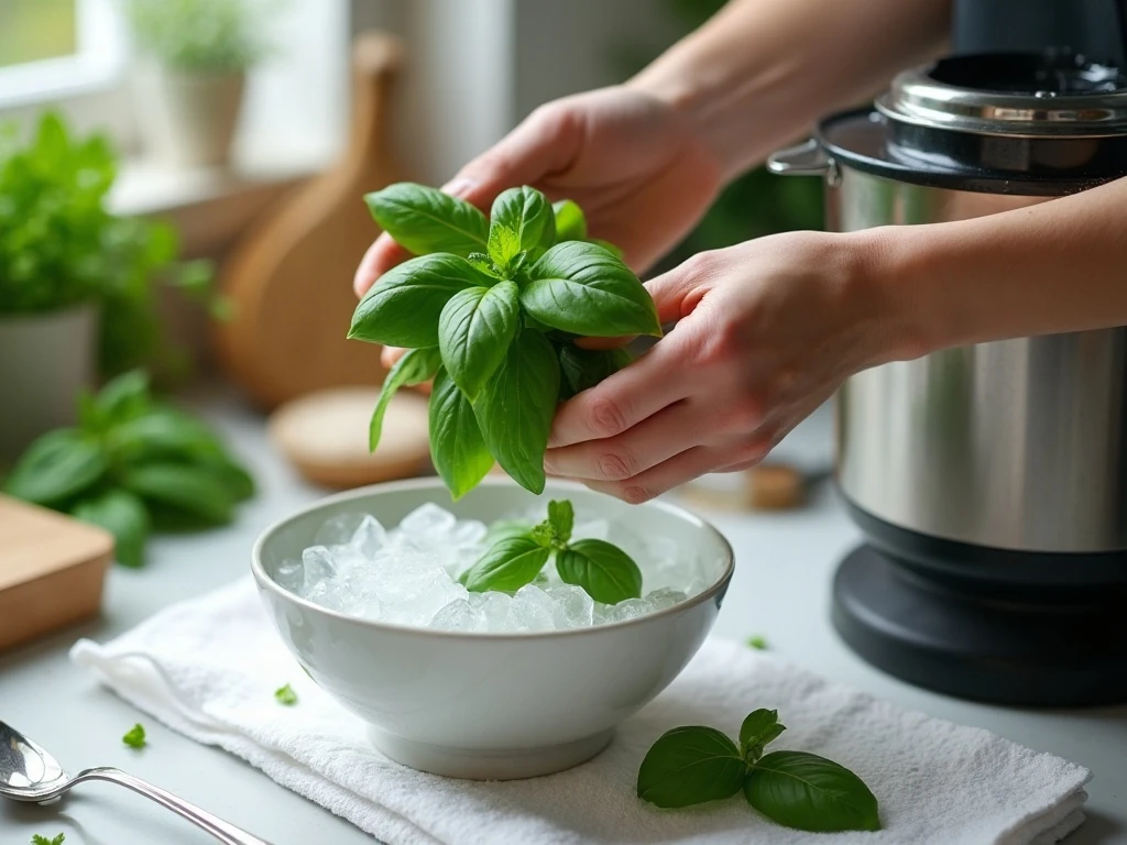 Blanching and cooling basil to keep pesto bright green