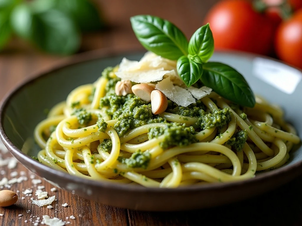 Pesto pasta topped with Parmesan and pine nuts