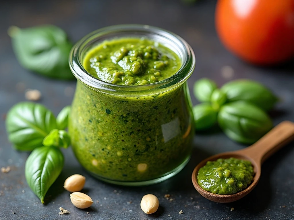 Jar of homemade pesto covered with olive oil for storage