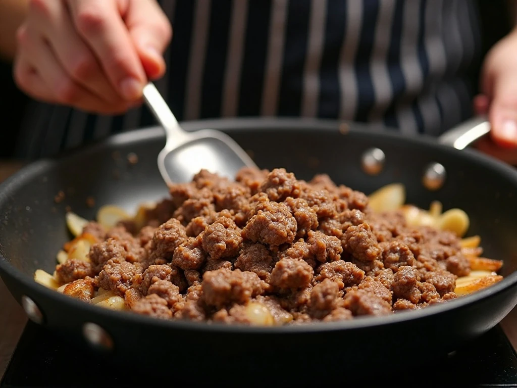 Breaking ground beef into crumbles in a skillet