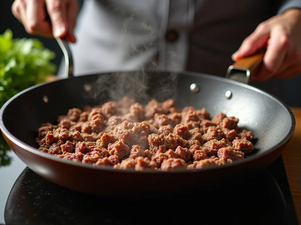 Ground beef browning in a wide skillet