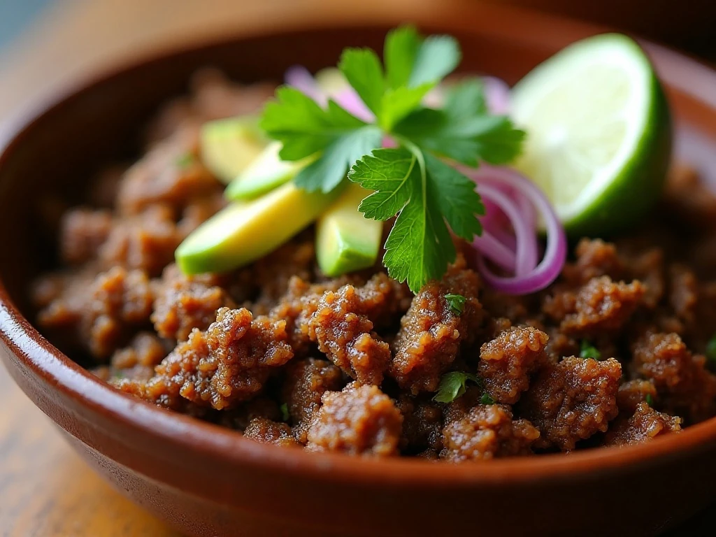 Ground beef finished with fresh toppings and lime