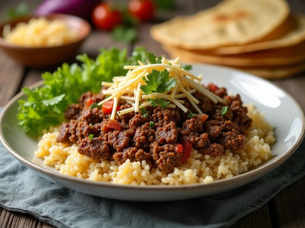 A complete dinner made with cooked ground beef