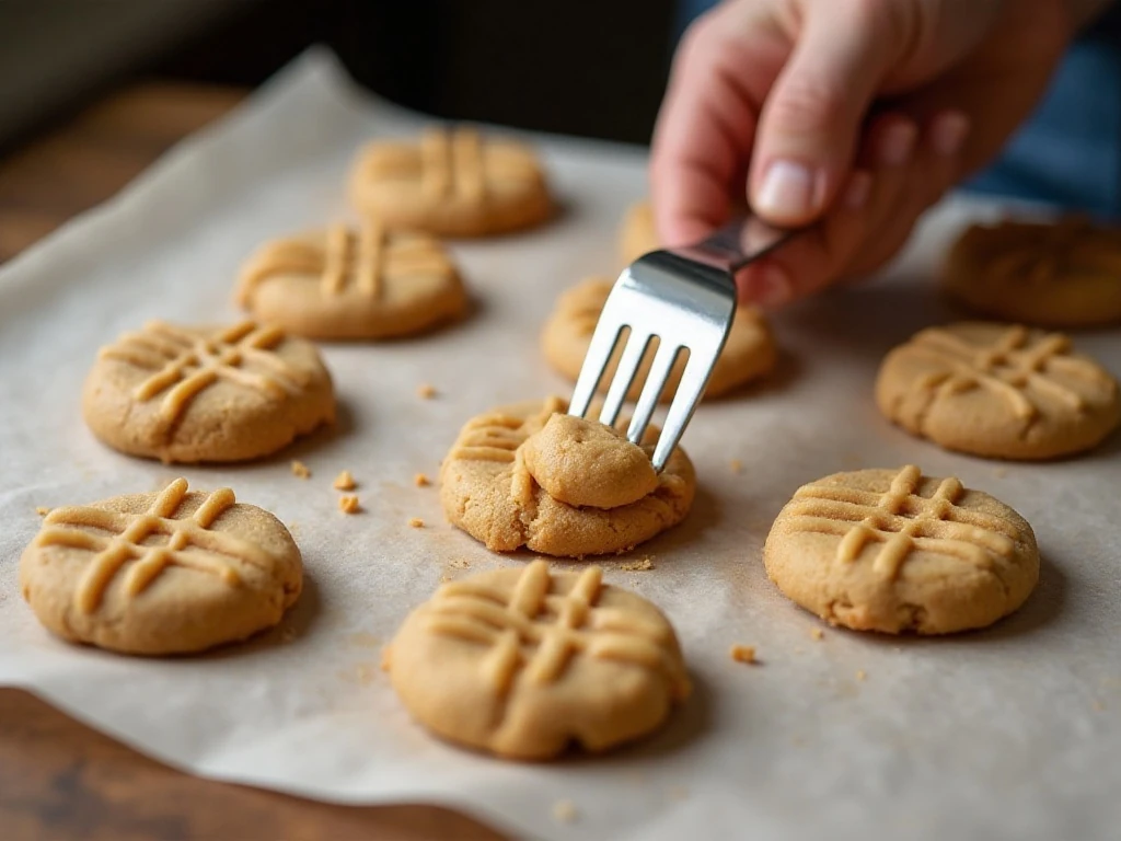 Fork pressing crosshatch marks into almond butter cookie dough