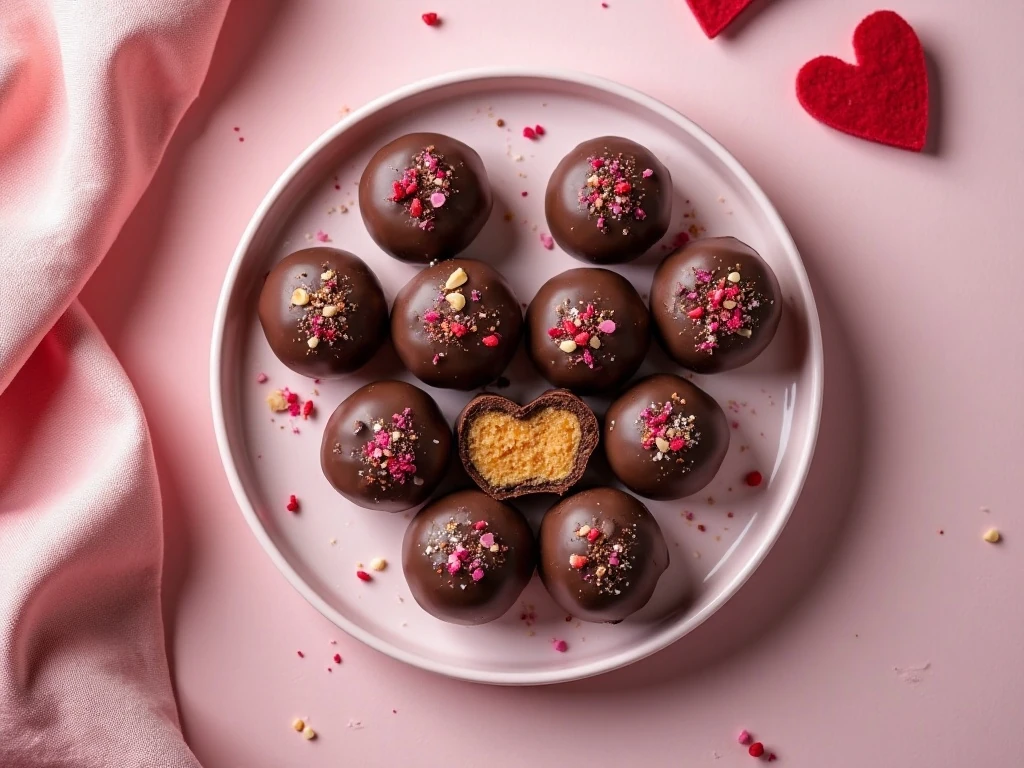 Chocolate-coated almond butter truffles arranged for Valentine’s Day