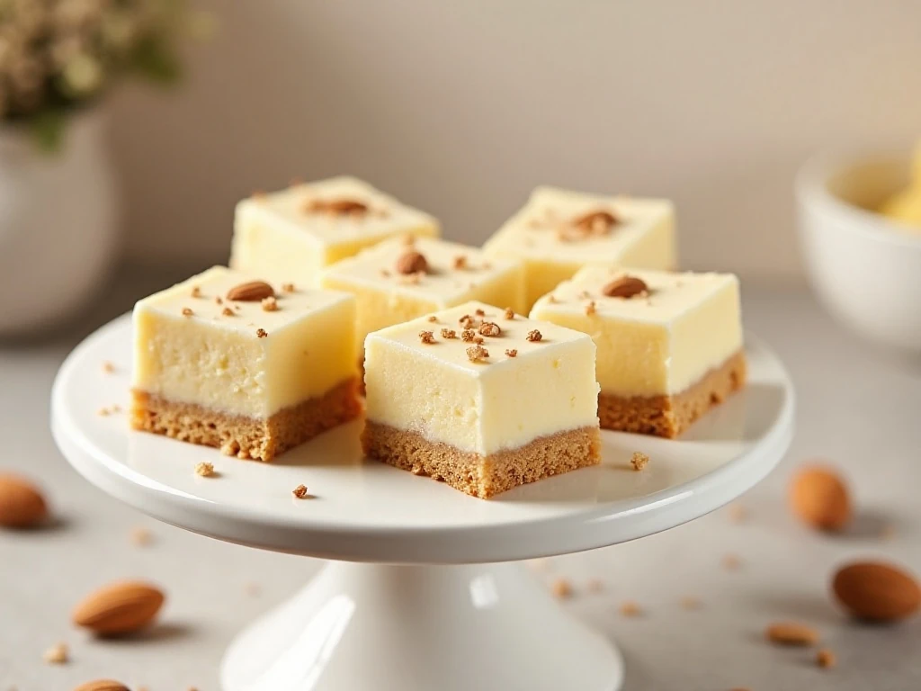 Slices of easy almond cream cake with almond frosting