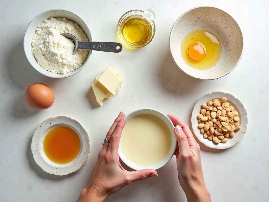 Ingredients for almond cream cake and cream-cheese frosting