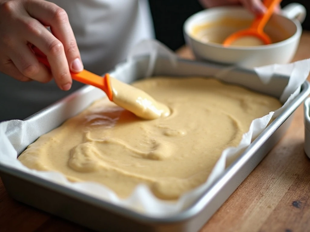 Almond cake batter being spread in a baking pan