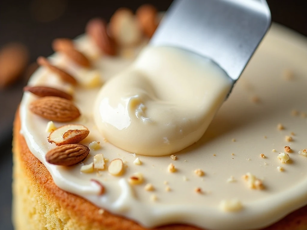 Cream-cheese frosting and toasted almond garnish on cake