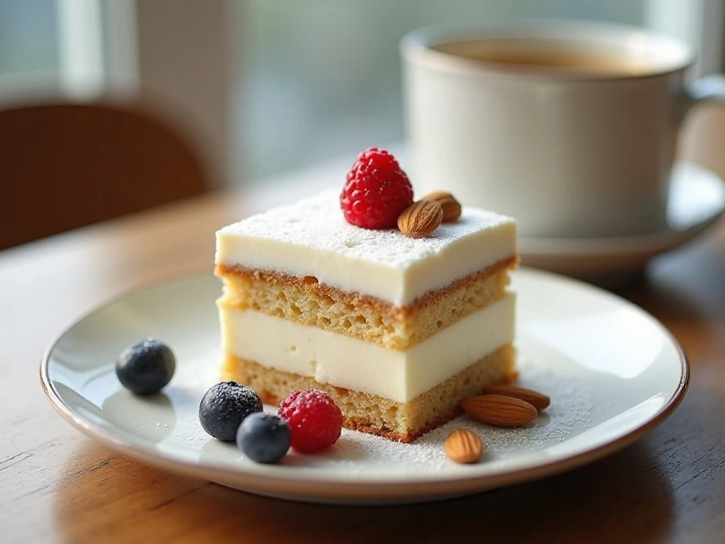 Served square of almond cream cake with coffee and berries