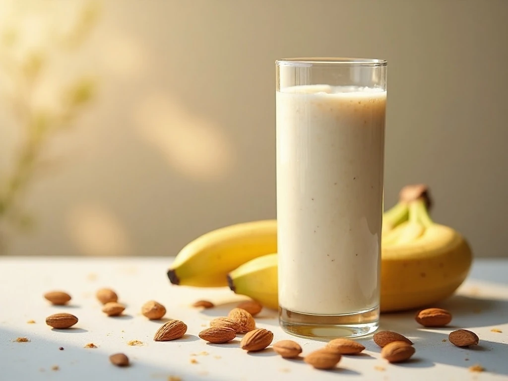 Creamy almond milk smoothie served for breakfast