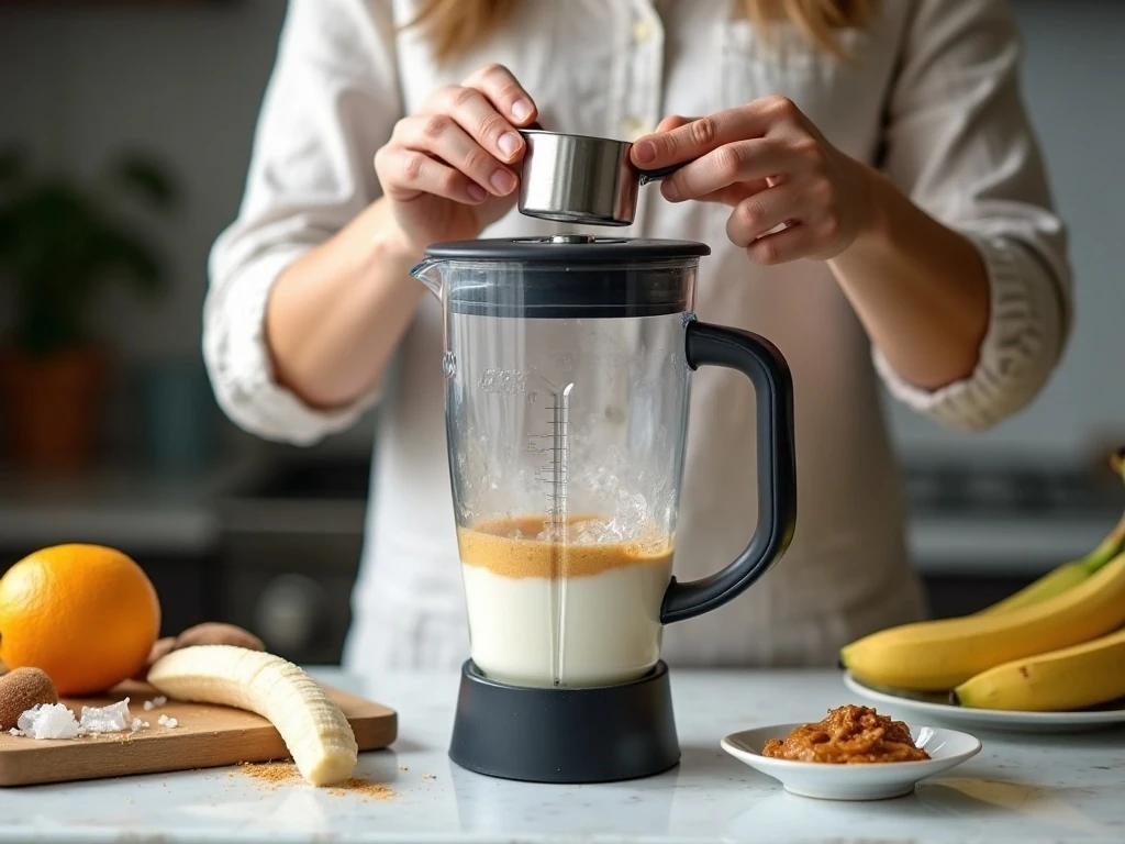 Adding almond milk smoothie ingredients to a blender