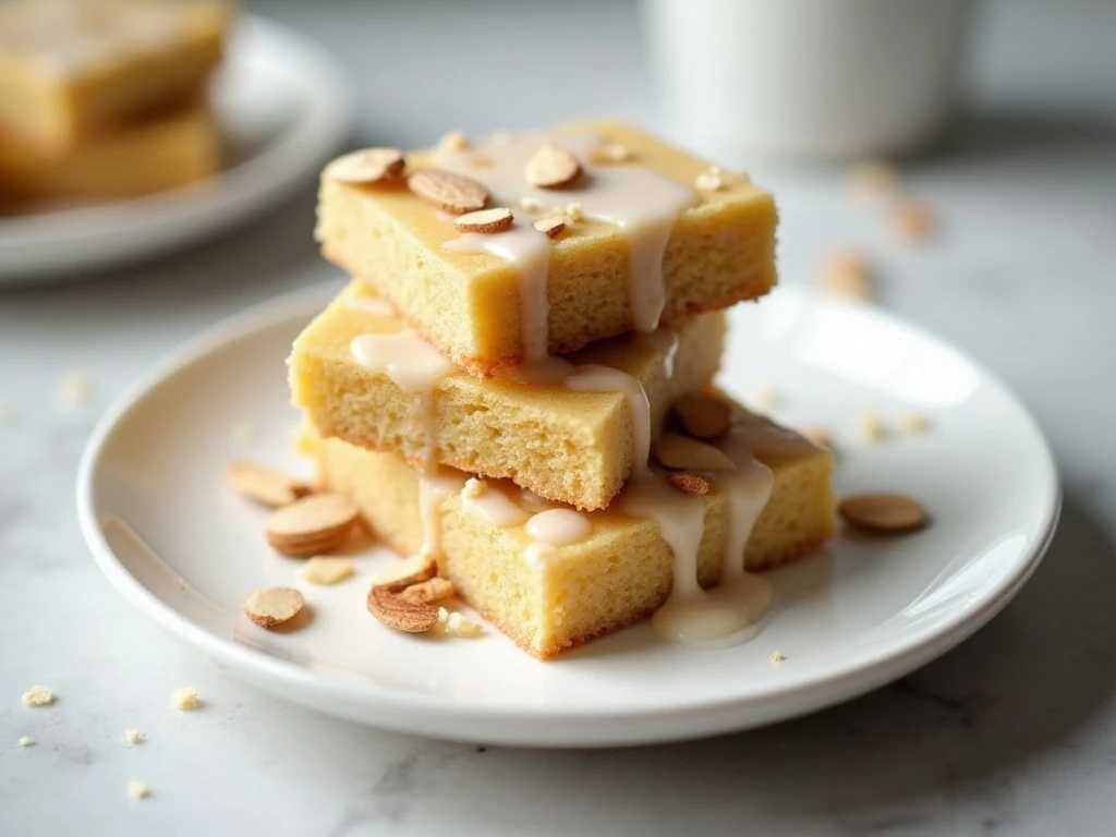 Stack of buttery almond shortbread bars with almond glaze