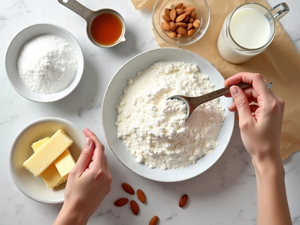 Ingredients for almond shortbread bars and almond glaze
