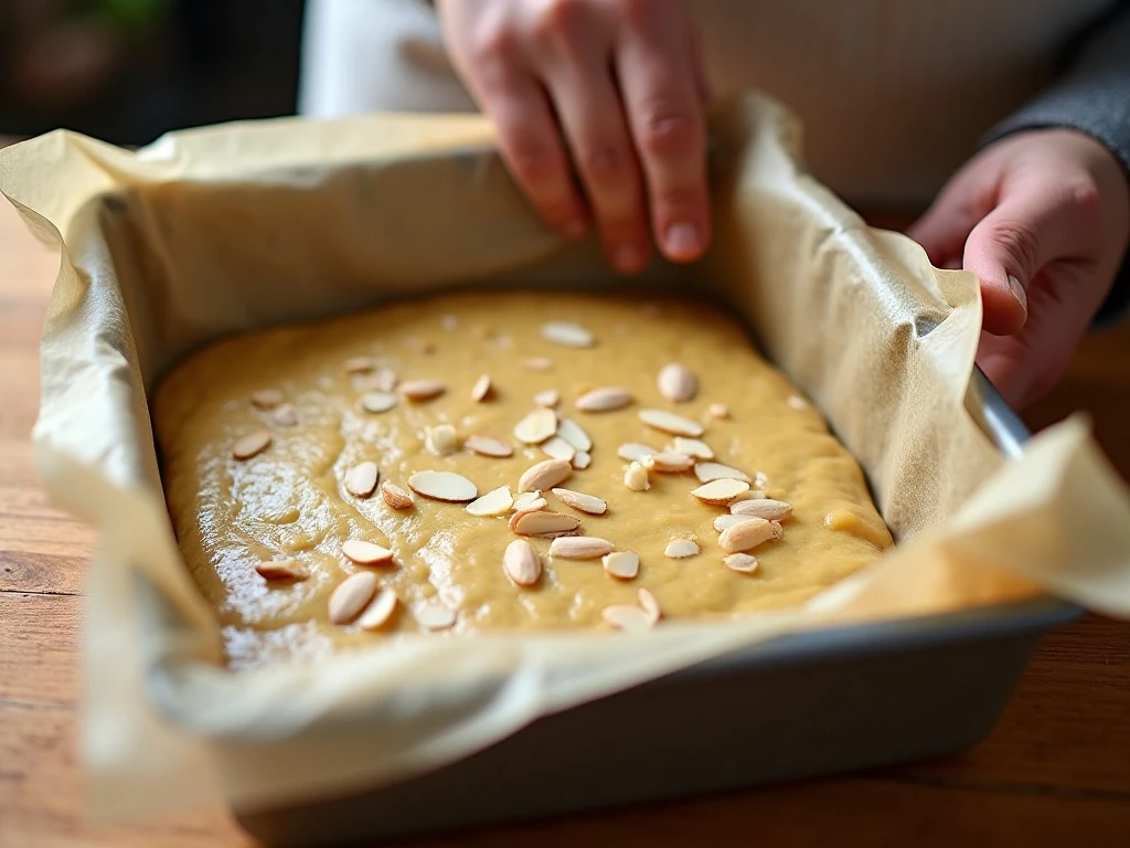 Pressing almond shortbread dough into a square baking pan