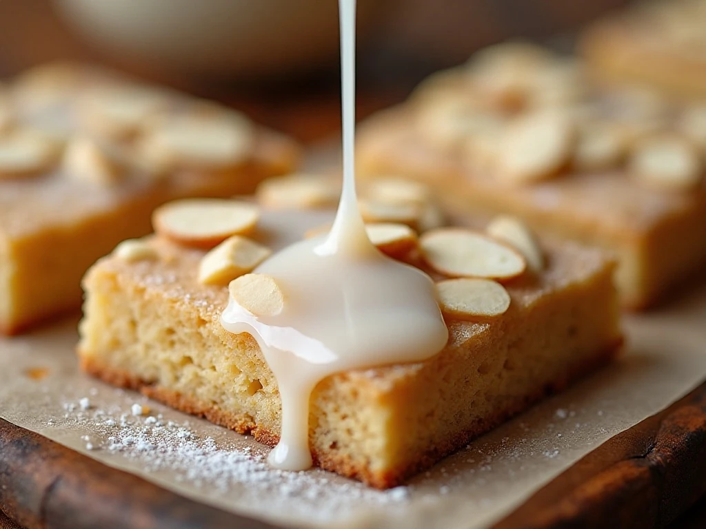Almond glaze being drizzled over shortbread bars
