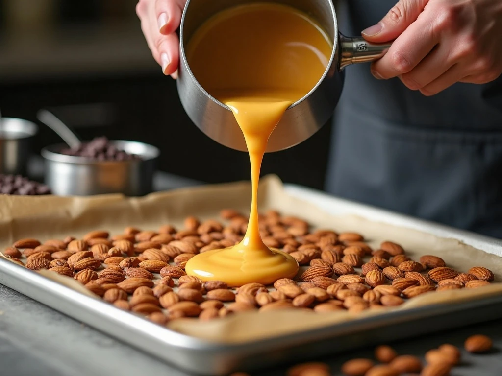 Pouring hot almond toffee over almonds on a baking sheet
