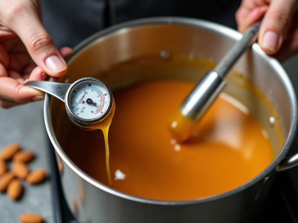 Candy thermometer showing 300 degrees for almond toffee
