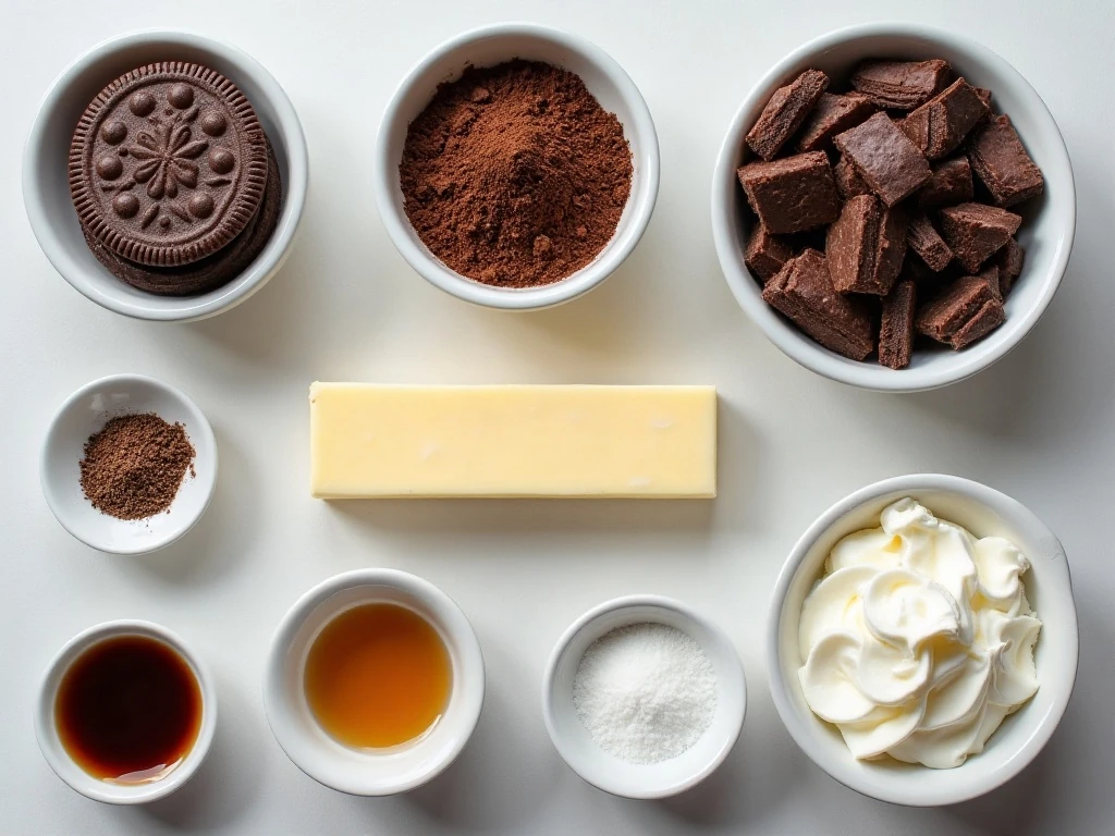 Ingredients for an almost no-bake ultimate mud pie arranged on a counter